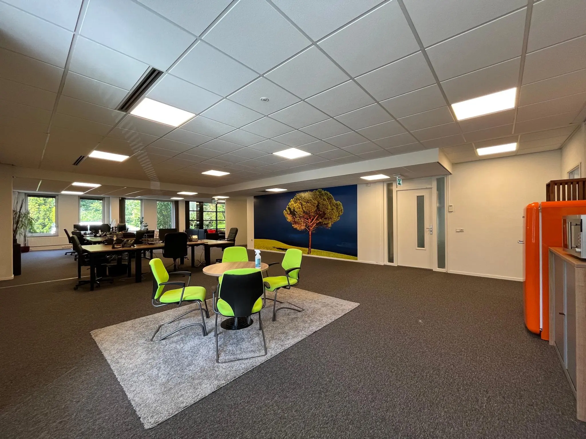 Moderne kantoorruimte aan de Oude Utrechtseweg met bureaus, felgroene stoelen, een grote muurafbeelding van een boom en een oranje retrokoelkast.